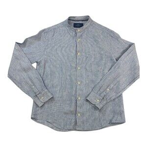 M&S Collection Men’s Linen Striped Chambray  Mock Collar Shirt Size S